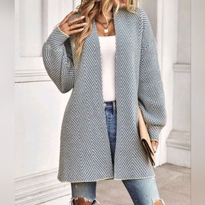 * New Cozy Chic Chevron Stripe Knit Cardigan Sweater Duster Blue Off White